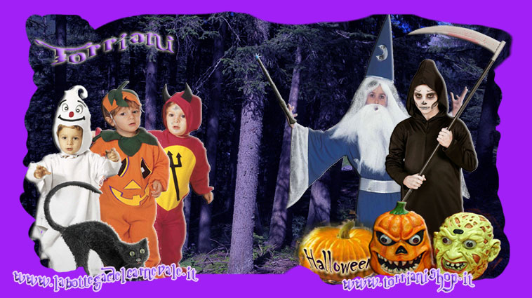 Torriani accessori Halloween per bambini: maschere, corna diavolino, coda e forcone, falce morte, bacchetta magica mago, gatti neri, zucche, mostriciattoli