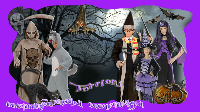 Negozio Torriani Halloween costumi e travestimenti per bambini: costumi da strega, Happy Potter, costume peluche lupo, travestimento da morte, ragni, gatti neri, pippistrelli