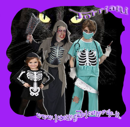 Negozio Torriani costumi e travestimenti Halloween Horror per bambini: chirurgo pazzo, zombi, scheletrina, forconi, falci, seghe, asce, coltellacci