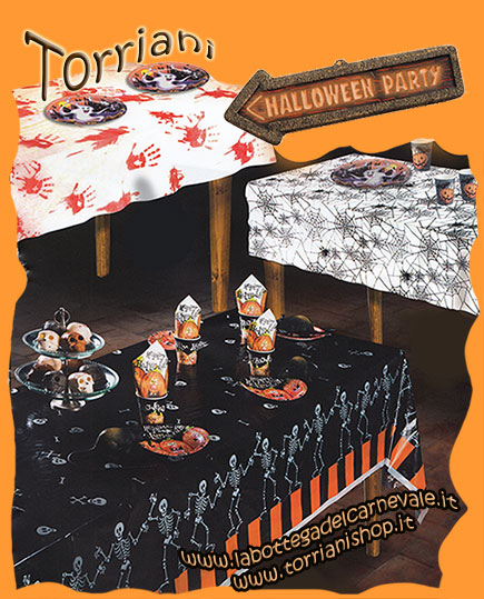 Party Halloween negozio Torriani piatti, bicchieri, tovaglie, portafrutta, vassoi, segnaposti, tovaglioli zucche teschi