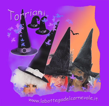 Negozio Torriani cappelli da strega per adulti e bambine, spiritosi, luminosi, con ragni e ragnatele