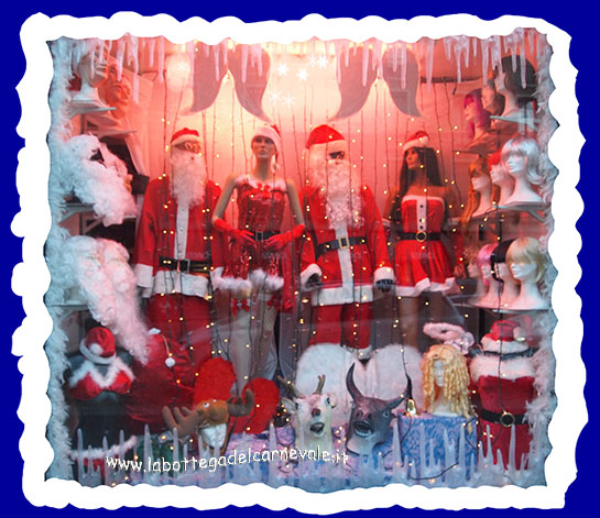 Torriani: vetrina costumi Babbo Natale e Natalina. Parrucche, barbe baffi, maschere