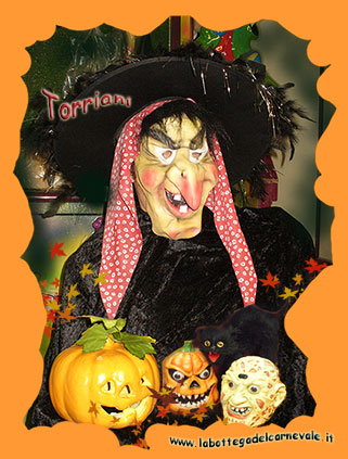 Halloween: maschera strega, cappello strega, zucca,gatto nero mostriciattoli in cera